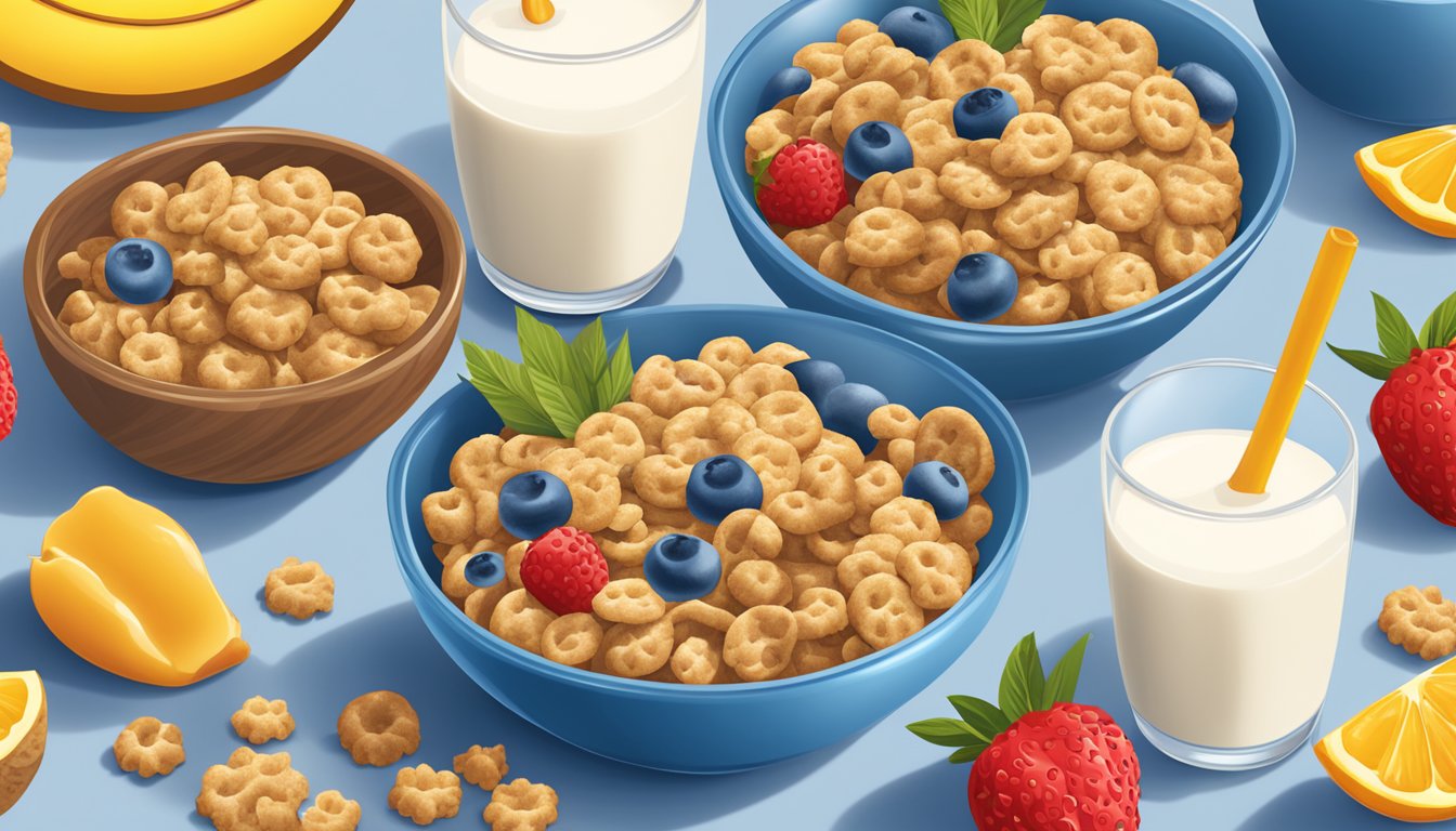 A bowl of Cookie Crisp and Honey Smacks cereal side by side, surrounded by fresh fruit and a glass of milk