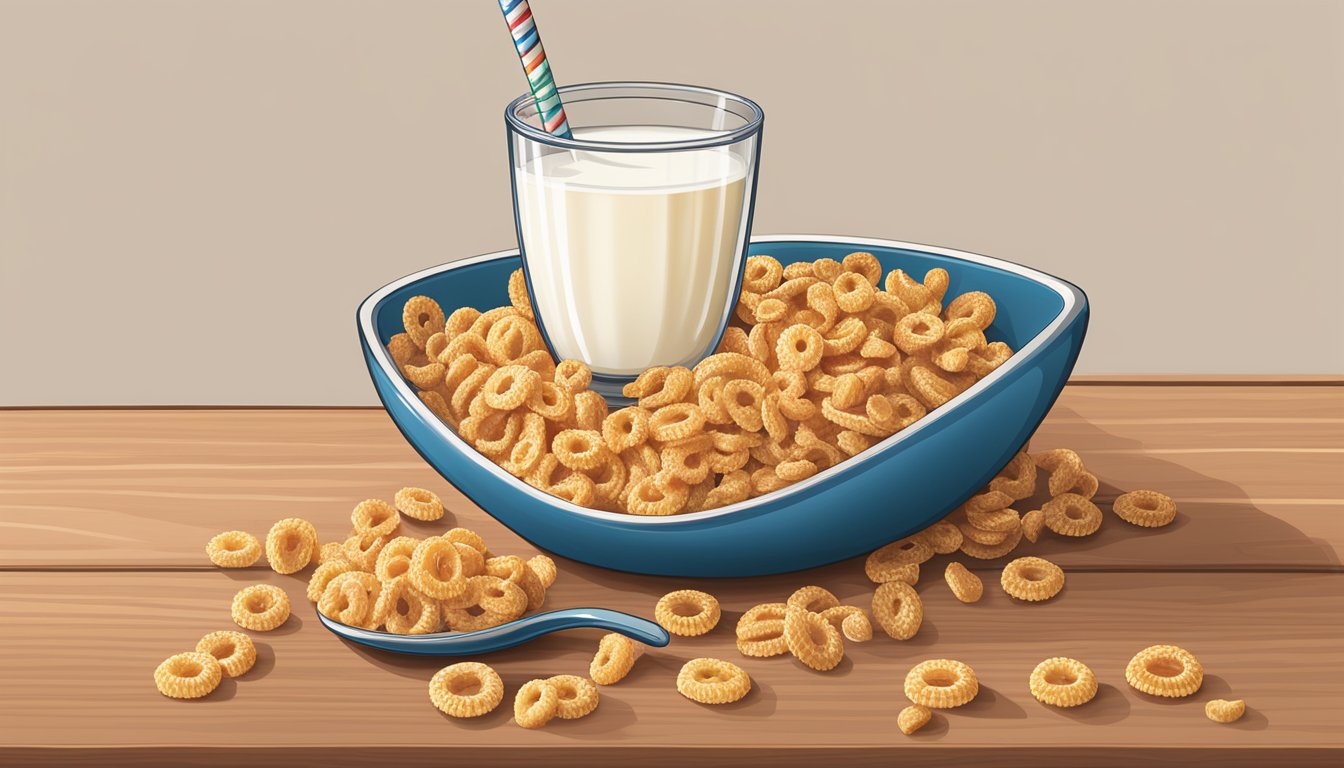 A bowl of Crispix and a bowl of Kellogg's Apple Jacks next to each other on a kitchen table, with a glass of milk and a spoon