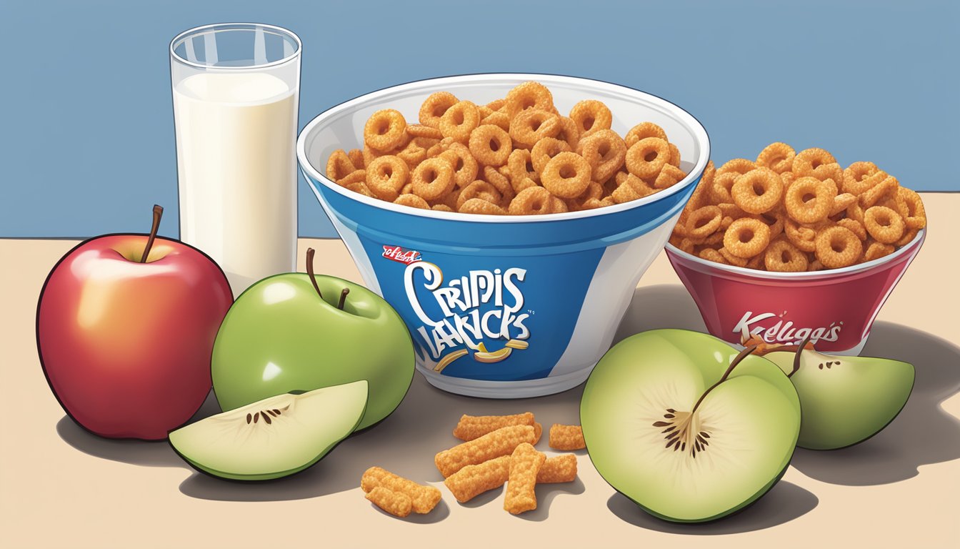 A bowl of Crispix and a bowl of Kellogg's Apple Jacks side by side, surrounded by various fruits and a glass of milk