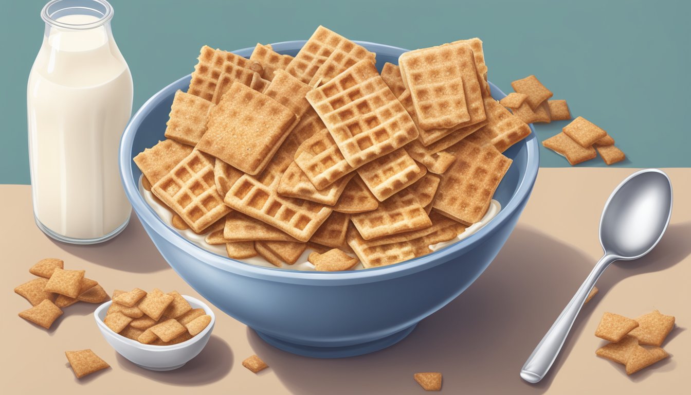 A bowl of Chex and Cinnamon Toast Crunch side by side, surrounded by milk and a spoon