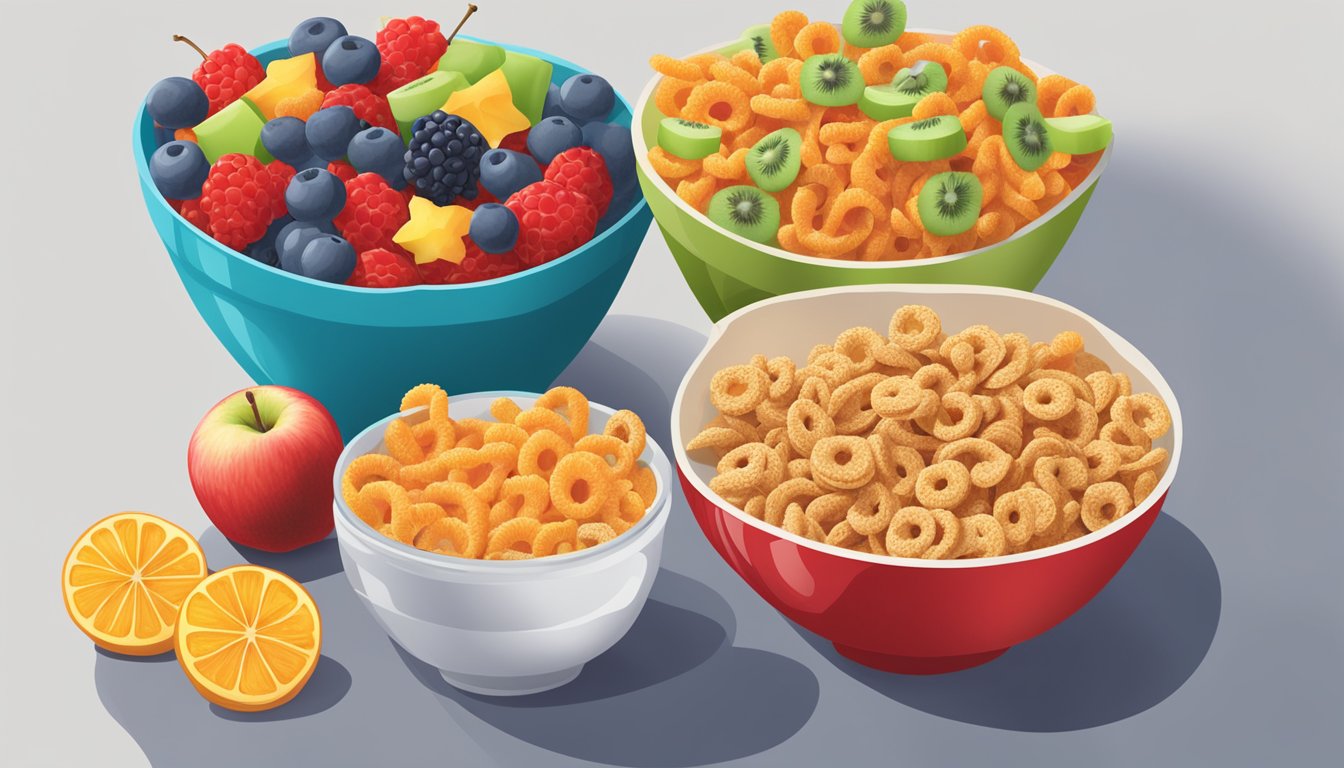 A bowl of Crispix and a bowl of Kellogg's Apple Jacks next to each other, surrounded by fresh fruits and a glass of water