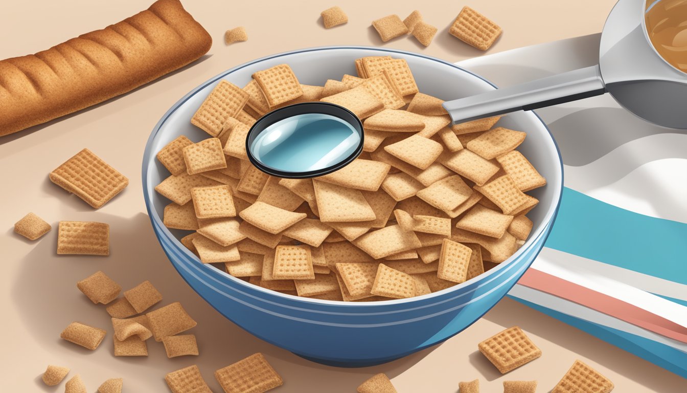 A bowl of Chex and Cinnamon Toast Crunch with nutritional labels and a magnifying glass for comparison