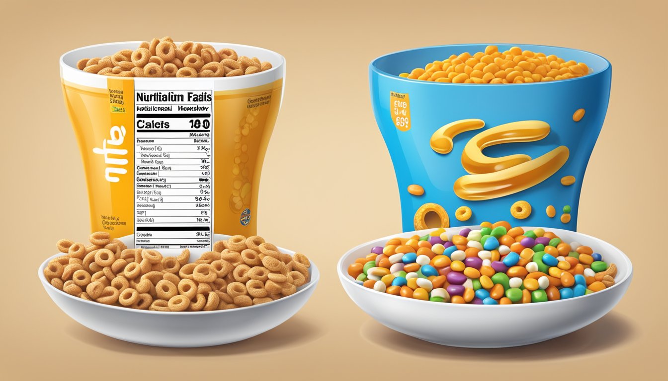 A bowl of honey nut cheerios and a bowl of trix with their respective nutritional labels displayed next to them for comparison