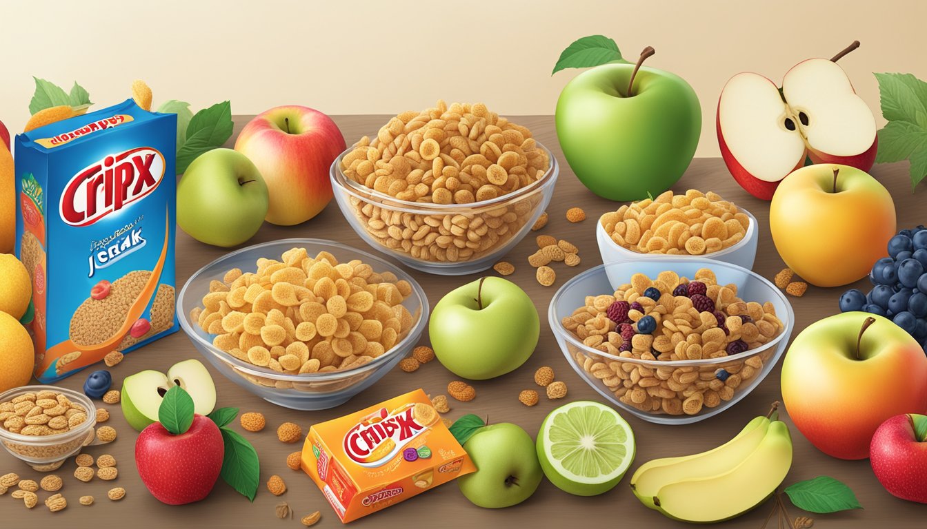 A table with boxes of Crispix and Apple Jacks surrounded by various fruits and whole grains