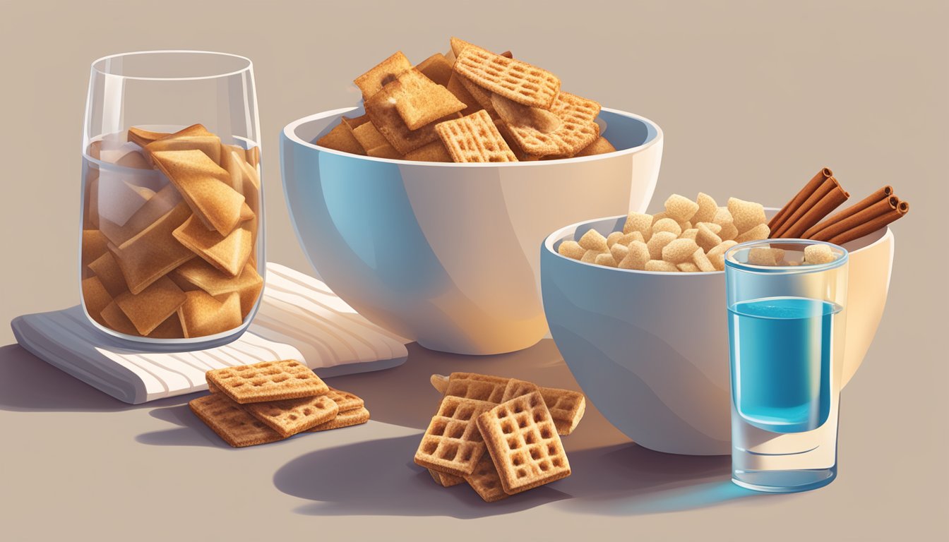 A bowl of Chex and a bowl of Cinnamon Toast Crunch sit side by side, surrounded by fresh fruits and a glass of water