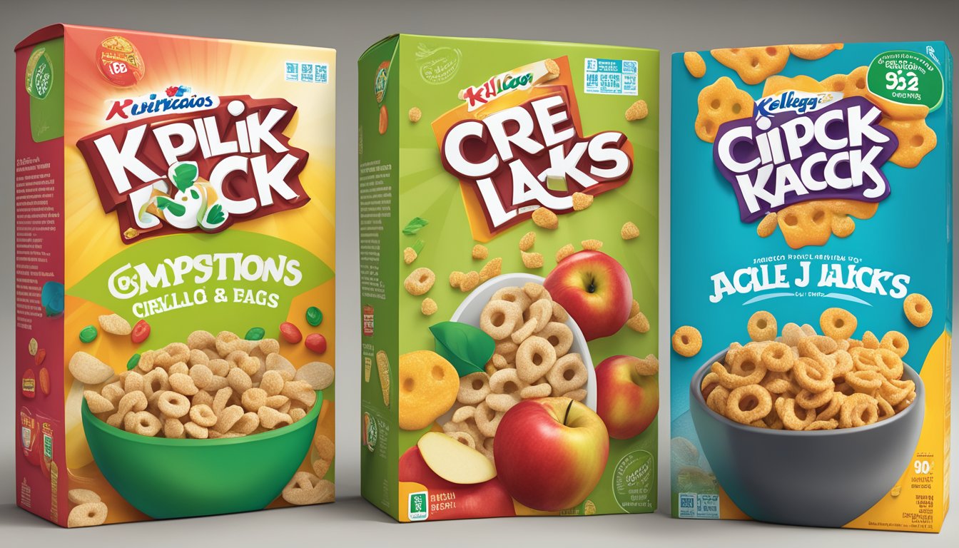 A comparison of Crispix and Kellogg's Apple Jacks cereal boxes with nutrition labels and ingredients displayed next to each other