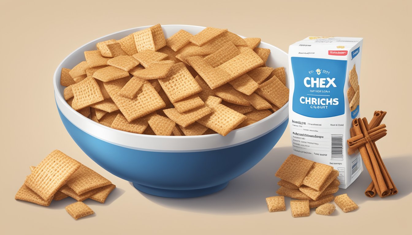 A bowl of Chex and Cinnamon Toast Crunch side by side, with a measuring tape and nutrition labels nearby