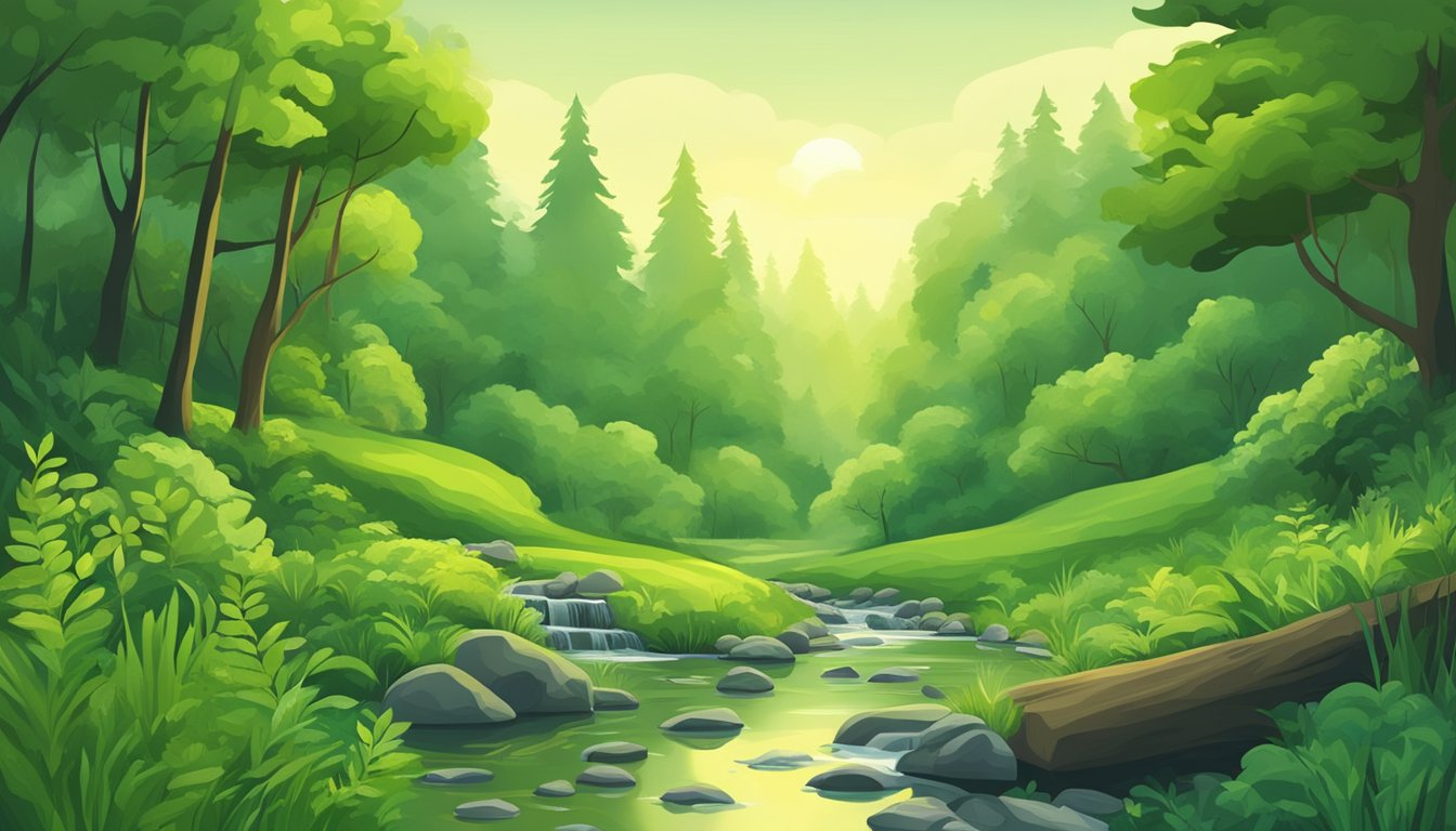 A lush green forest with a clear stream running through it, showcasing the contrast between natural and processed foods