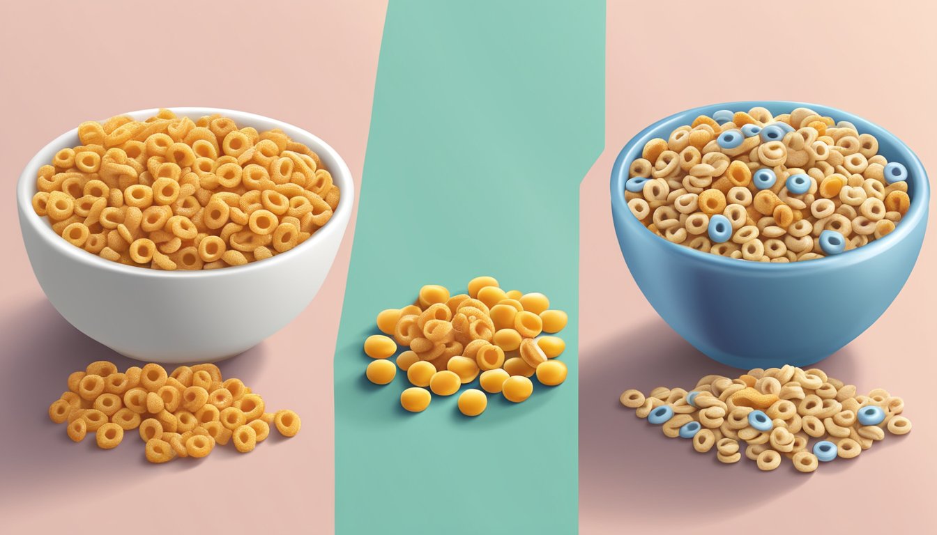 A bowl of honey nut cheerios and a bowl of trix with nutritional labels