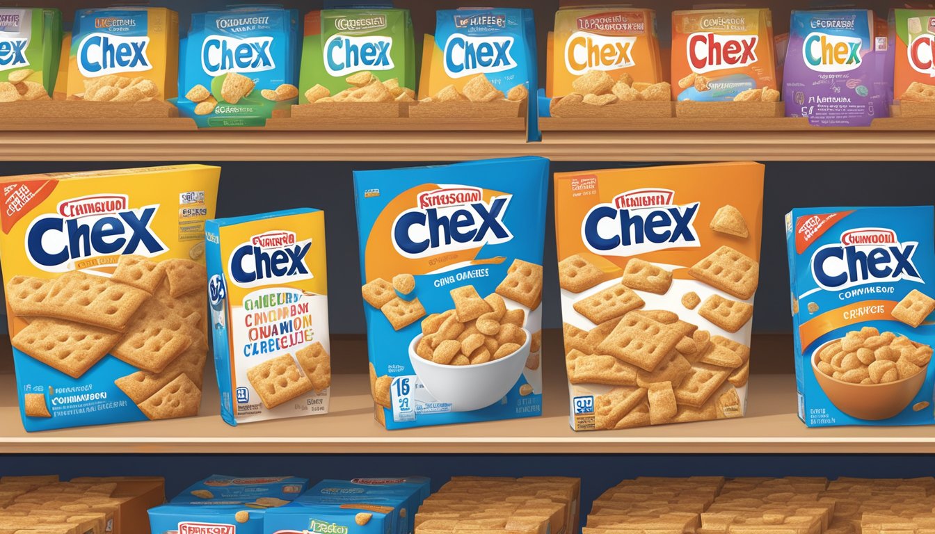 A grocery store shelf displays Chex and Cinnamon Toast Crunch cereal boxes. Nutritional labels are visible