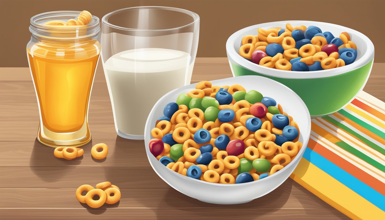 A bowl of Honey Nut Cheerios and a bowl of Trix sit side by side on a wooden table, surrounded by fresh fruit and a glass of milk