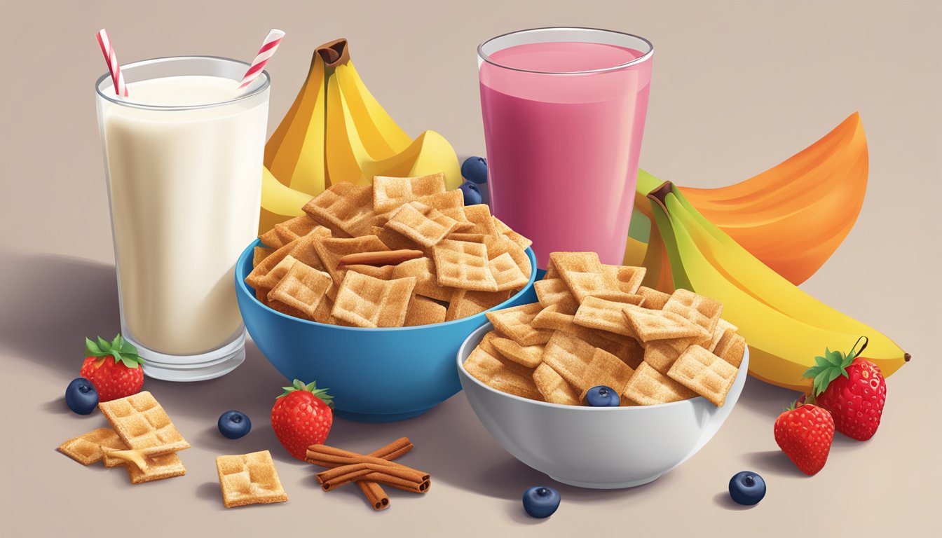 A bowl of Chex and Cinnamon Toast Crunch side by side, surrounded by a variety of colorful fruits and a glass of milk