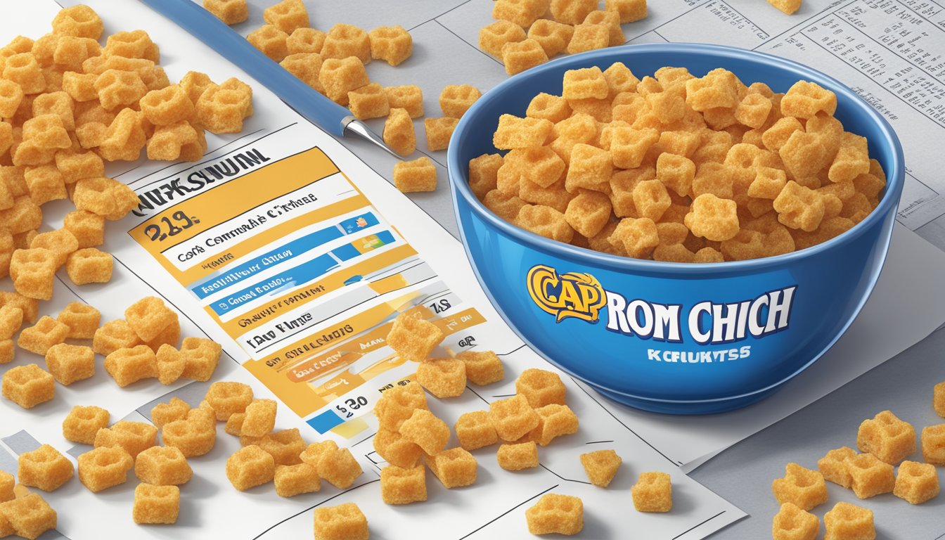 A bowl of Cap'n Crunch and Honeycomb cereal next to a nutrition label comparison chart