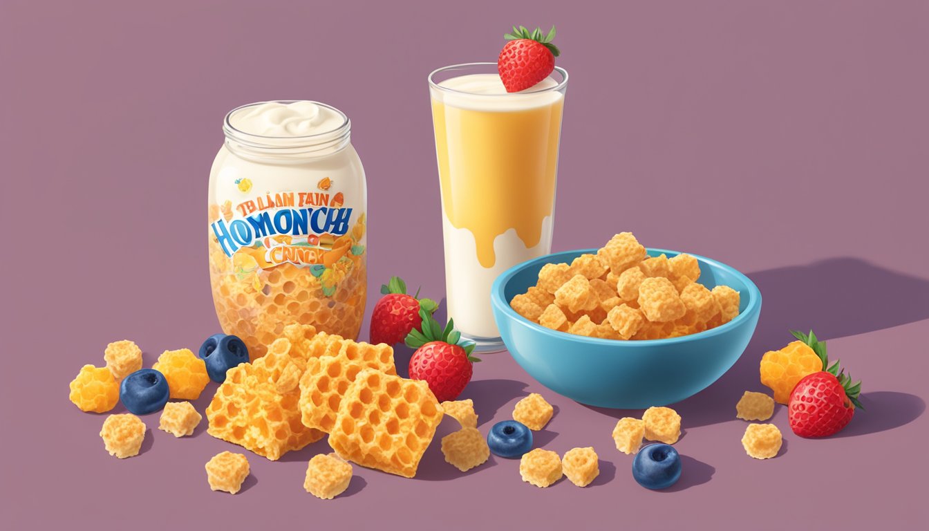 A bowl of Honeycomb Cap'n Crunch and a bowl of plain Honeycomb cereal sit side by side, surrounded by fresh fruit and a glass of milk