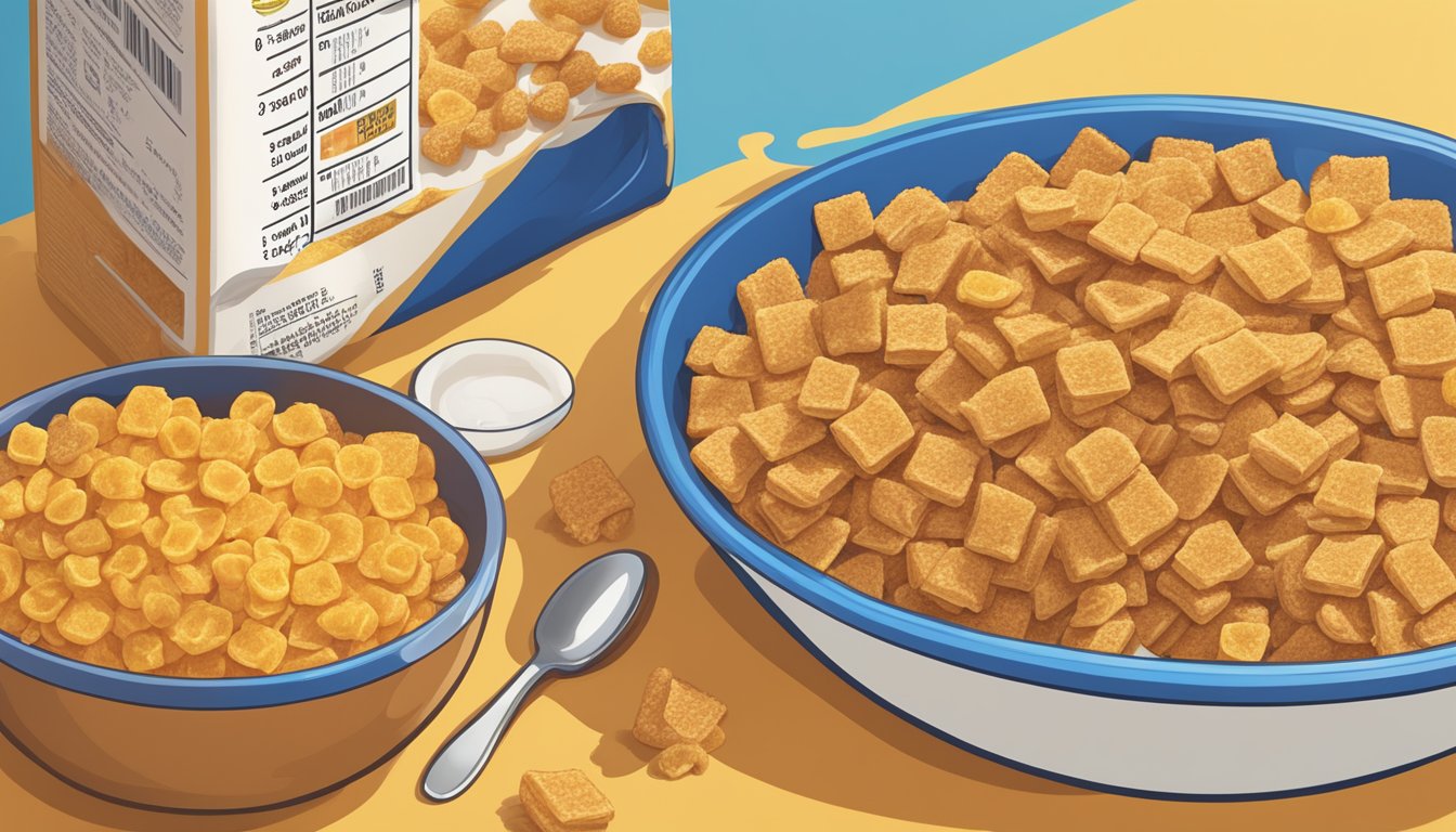 A bowl of Cap'n Crunch and a bowl of Honeycomb cereal side by side, with a measuring tape and a nutrition label next to them