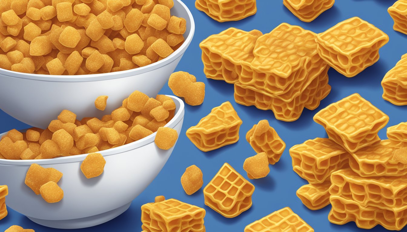 A bowl of Cap'n Crunch and Honeycomb cereal side by side, with a glass of milk. The colorful, sweet Cap'n Crunch contrasts with the golden, honeycomb-shaped Honeycomb cereal