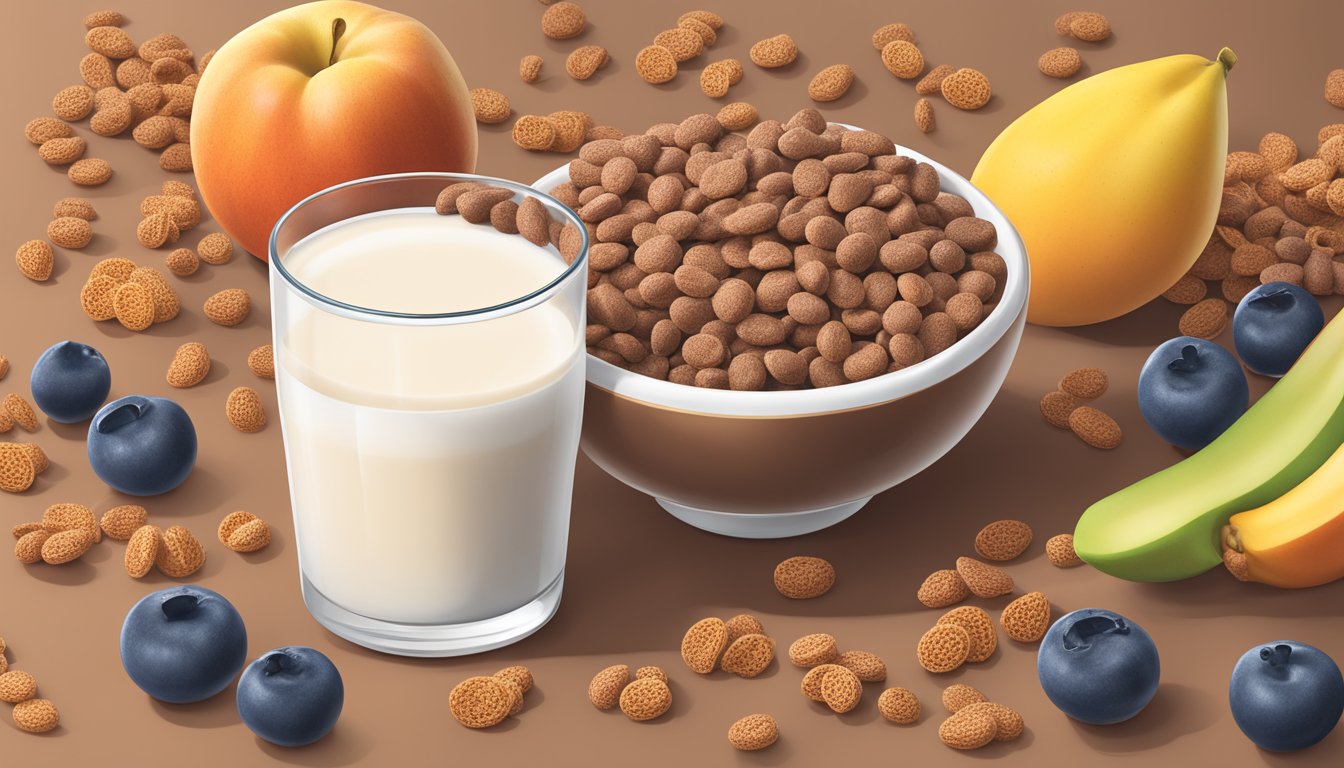 A bowl of cocoa pebbles and a bowl of crispix surrounded by various fruits and a glass of milk, with a nutrition label next to each cereal