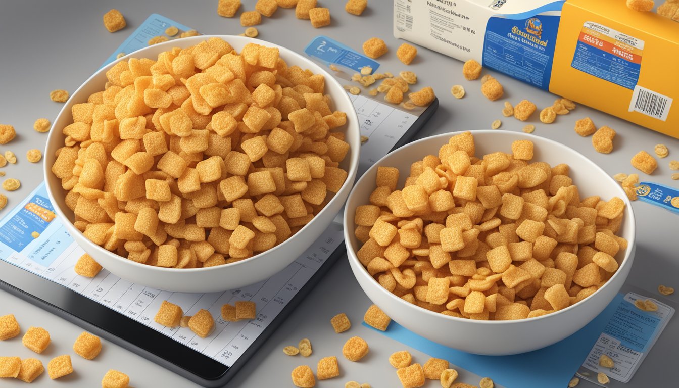 A bowl of Cap'n Crunch and a bowl of Honeycomb cereal surrounded by nutritional labels and a scale