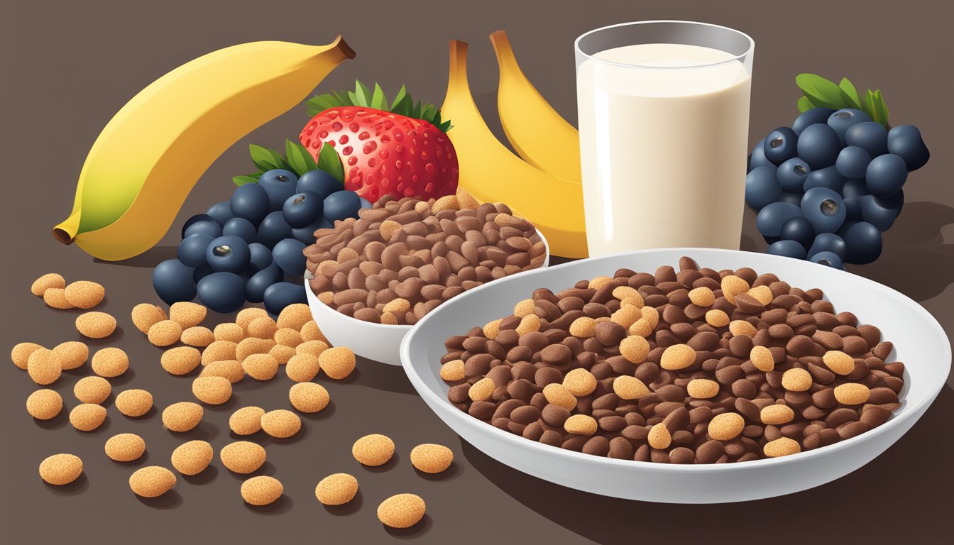 A bowl of Cocoa Pebbles and Crispix side by side, surrounded by a variety of fresh fruits and a glass of milk