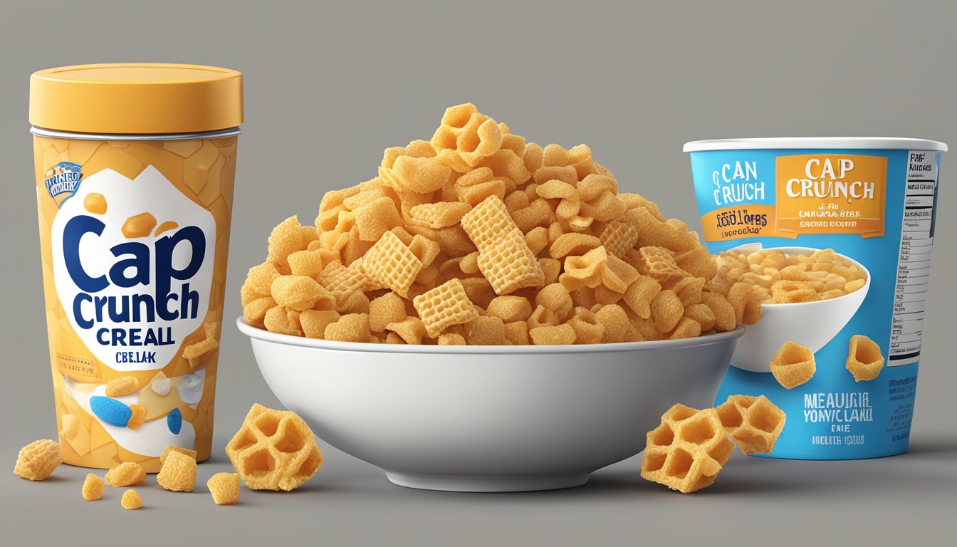 A bowl of Cap'n Crunch and a bowl of Honeycomb cereal sit side by side, surrounded by measuring cups and nutrition labels