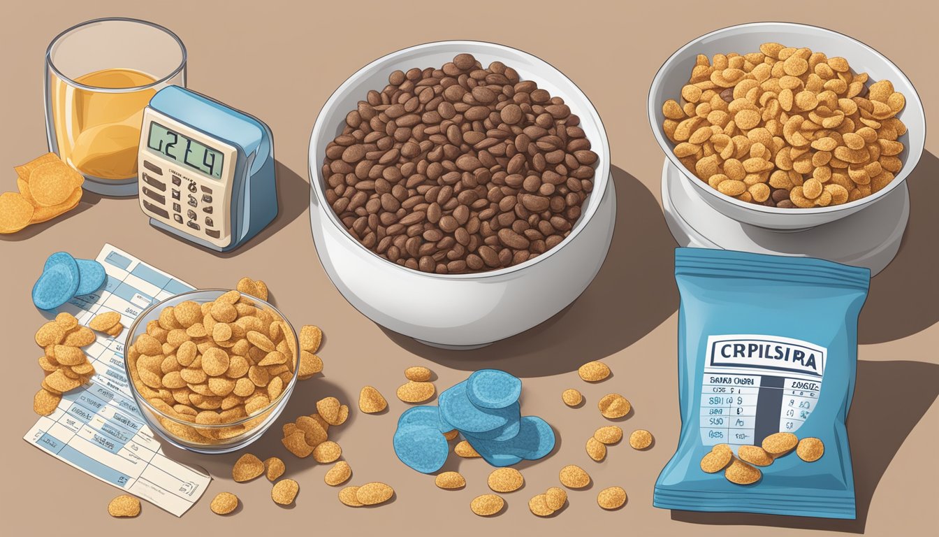 A bowl of cocoa pebbles and a bowl of crispix surrounded by nutritional labels and a scale