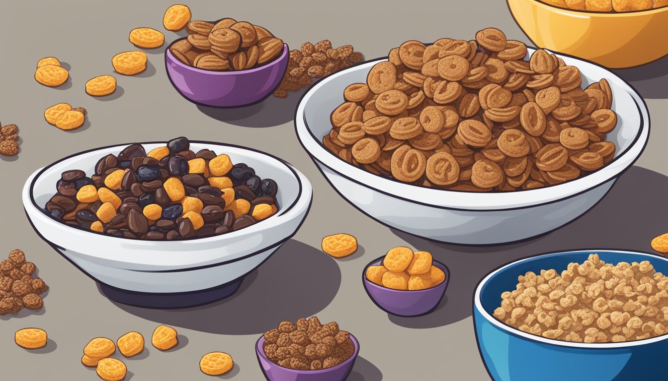 A bowl of Cap'n Crunch next to a bowl of Post Raisin Bran, surrounded by various alternative cereal options like granola and oatmeal