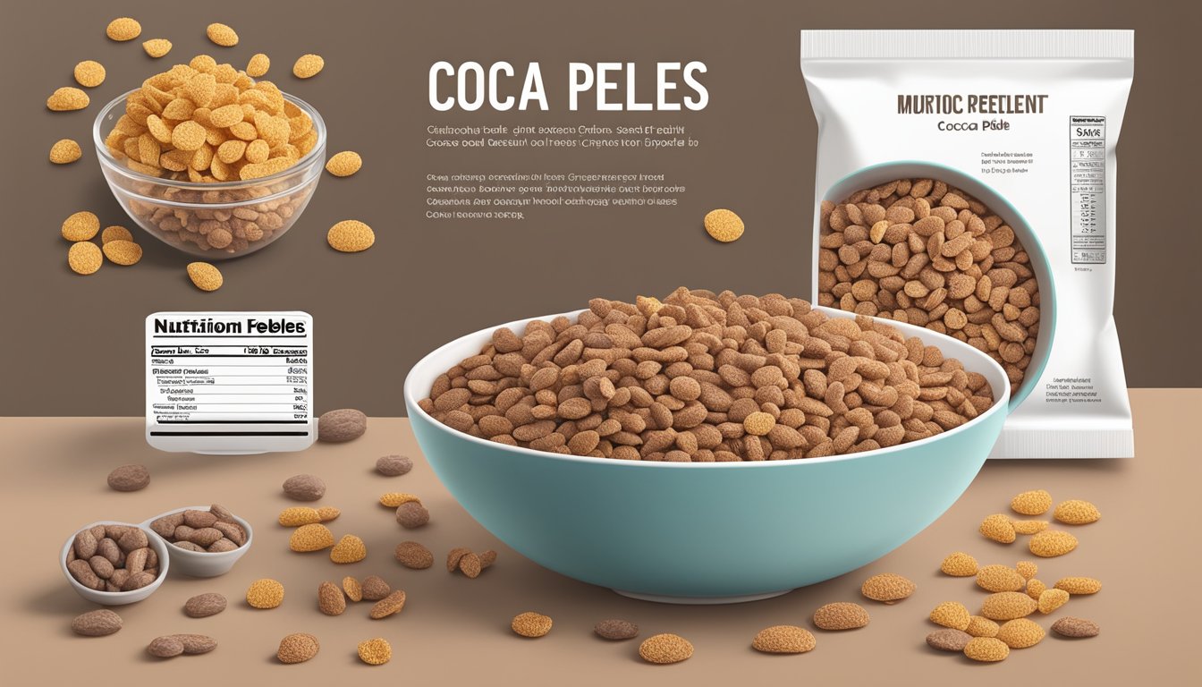 A bowl of cocoa pebbles and crispix side by side, surrounded by nutritional information labels and a scale