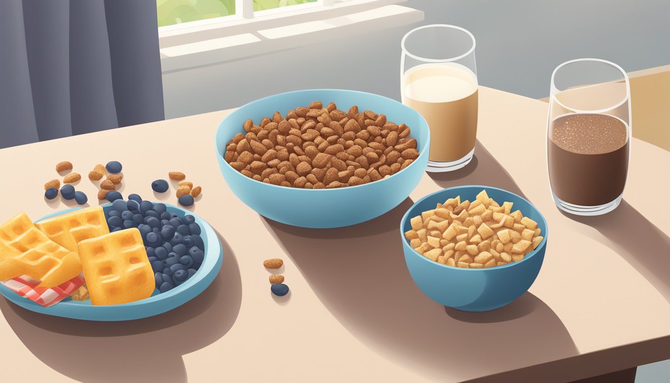 A bowl of cocoa pebbles and a bowl of French toast crunch sit side by side on a table, surrounded by a variety of fresh fruits and a glass of milk