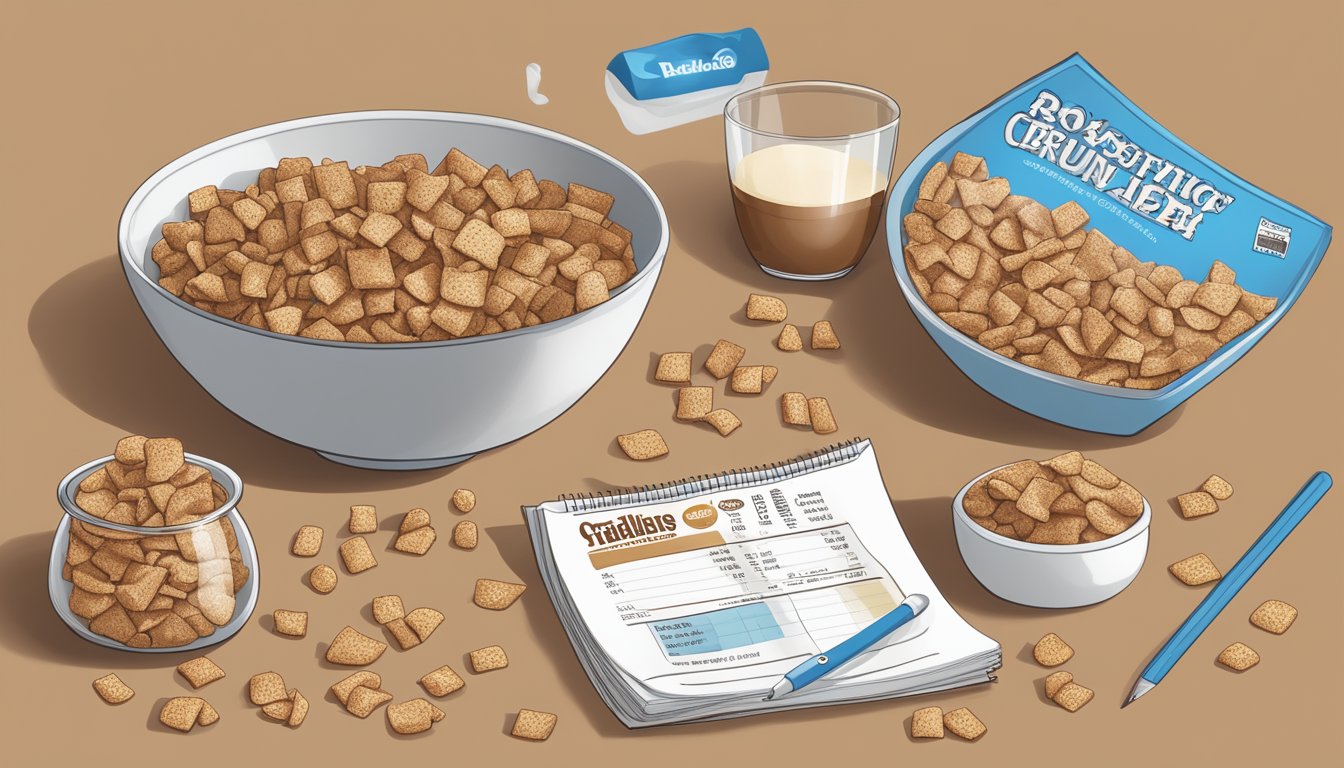 A bowl of French Toast Crunch and a bowl of Cocoa Pebbles side by side, with a measuring tape and nutritional information nearby