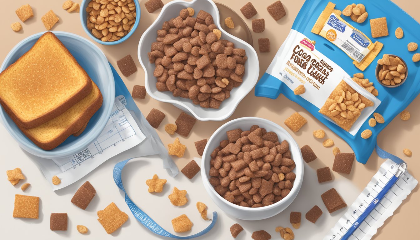 A bowl of cocoa pebbles and french toast crunch side by side, with a measuring tape and nutrition labels hovering above them