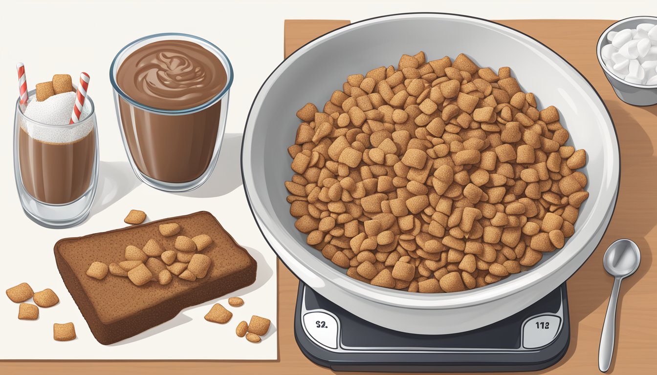 A bowl of cocoa pebbles and french toast crunch with nutrition labels and a scale for comparison