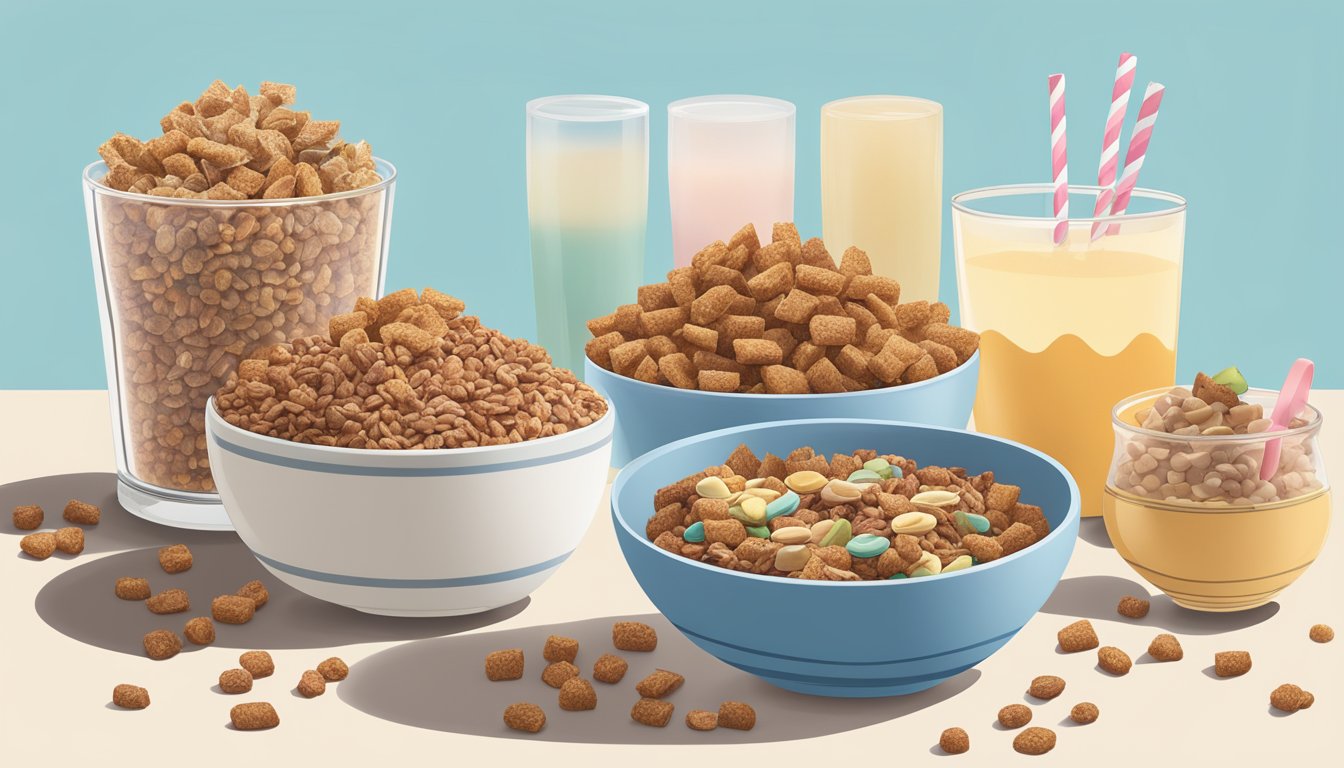 A bowl of cocoa pebbles and french toast crunch side by side, surrounded by various alternative cereal options like granola and oatmeal