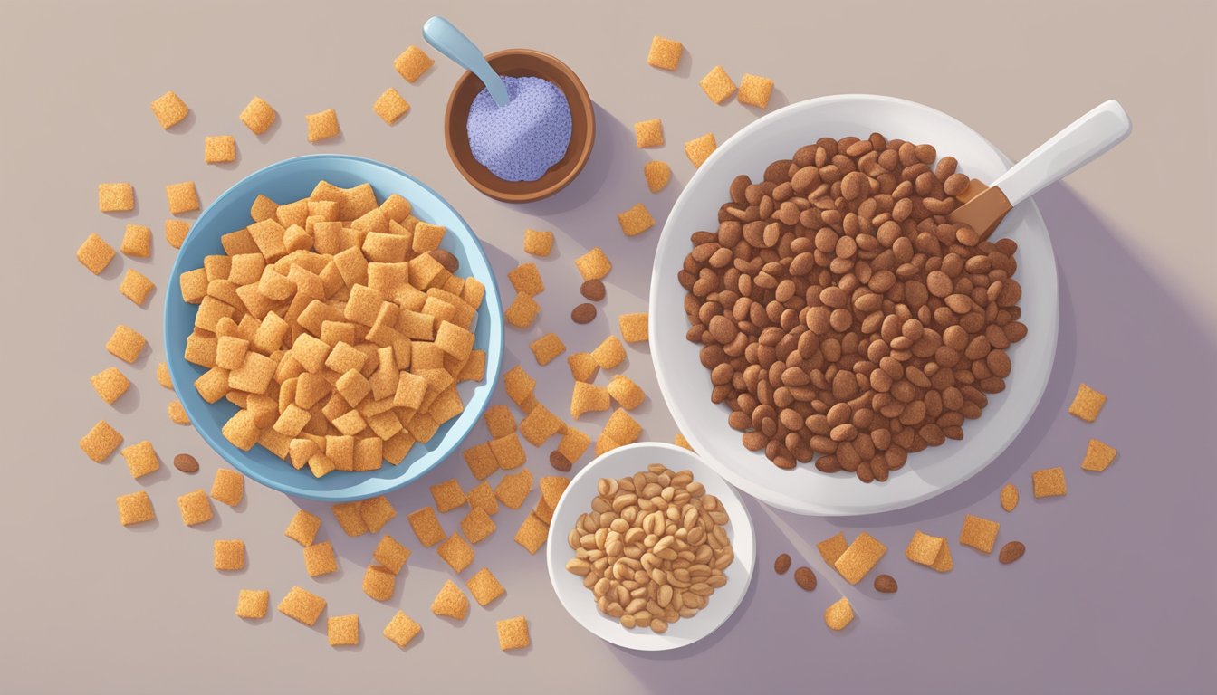 A bowl of cocoa pebbles and a bowl of French toast crunch sit side by side on a table, surrounded by scattered cereal pieces