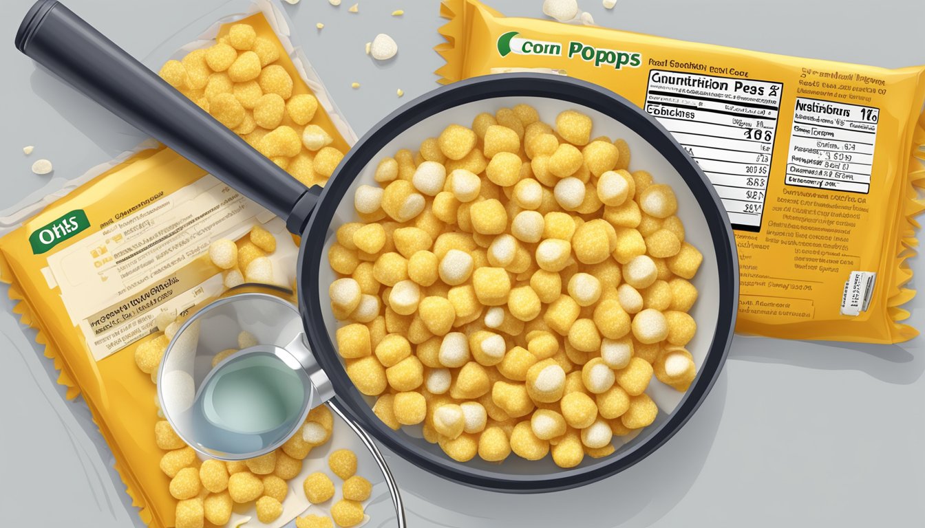 A bowl of Corn Pops and Honey Ohs with nutrition labels and a magnifying glass for comparison