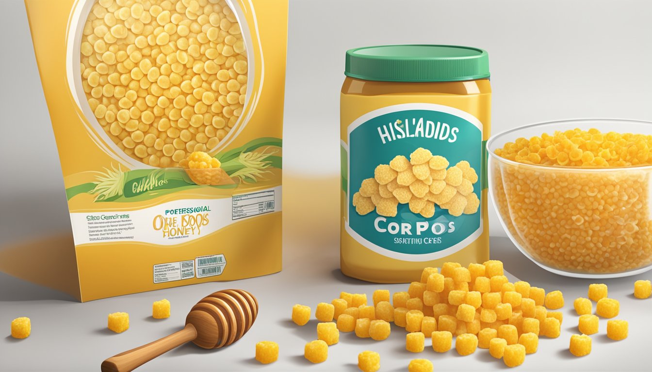 A bowl of corn pops and a bowl of honey ohs sit side by side, surrounded by fresh corn and honeycomb. A nutrition label is visible on each cereal box