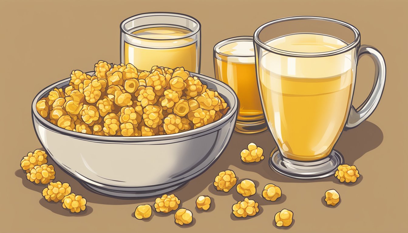 A bowl of corn pops and a bowl of honey ohs next to each other, with a glass of milk in the background