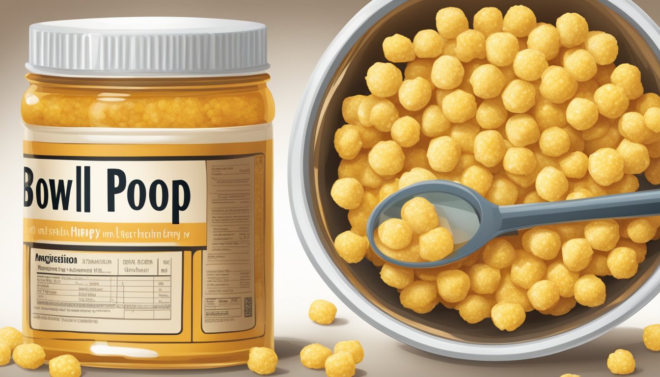 A bowl of corn pops and honey ohs side by side, with a magnifying glass examining their texture and a nutrition label for comparison