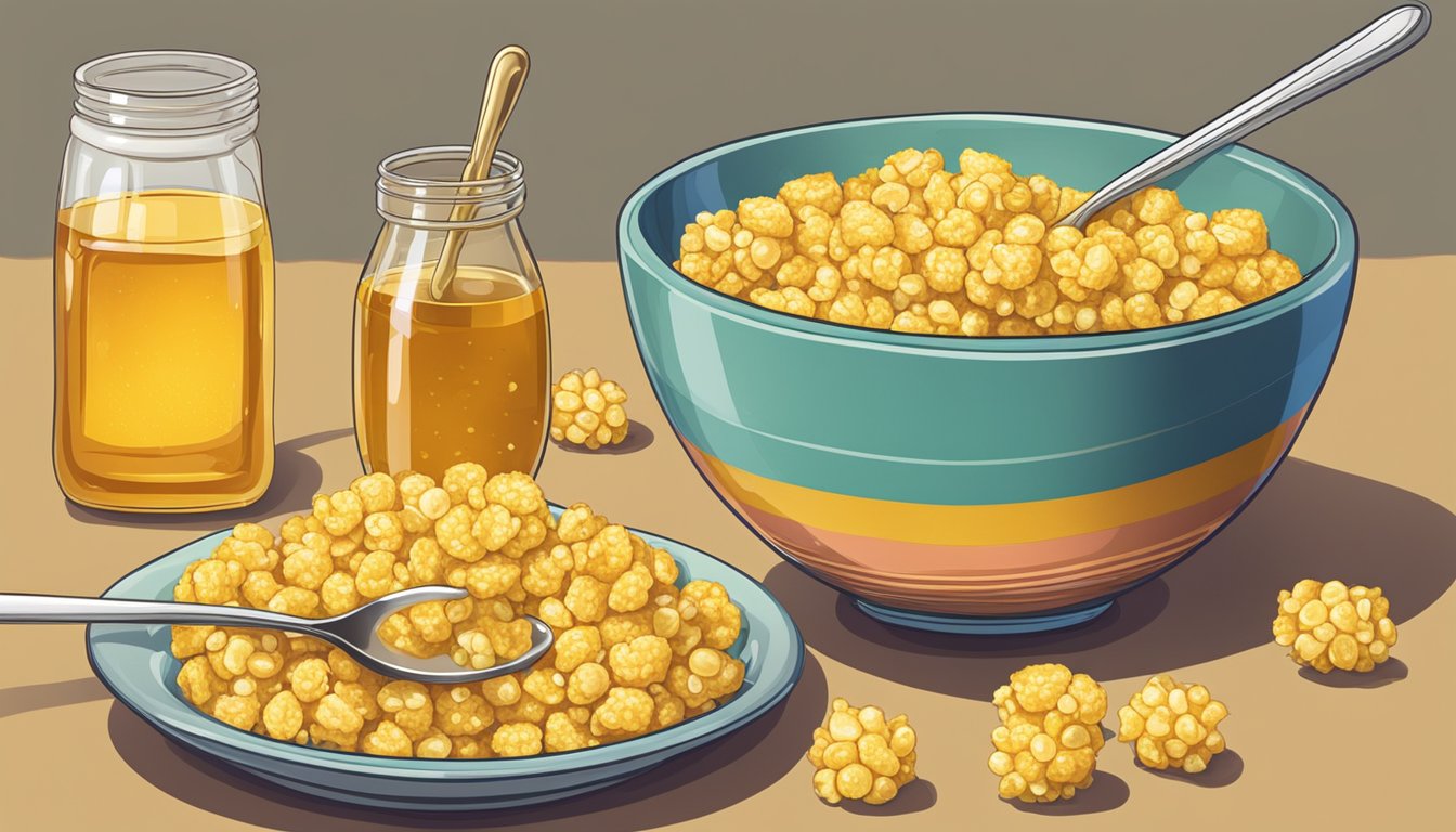 A bowl of corn pops and a bowl of honey ohs sit side by side, surrounded by a glass of milk and a spoon