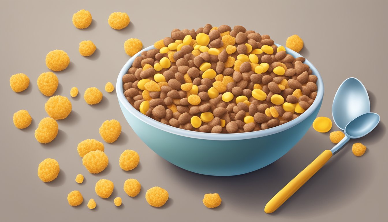 A bowl of cocoa pebbles and a bowl of corn pops with nutritional labels