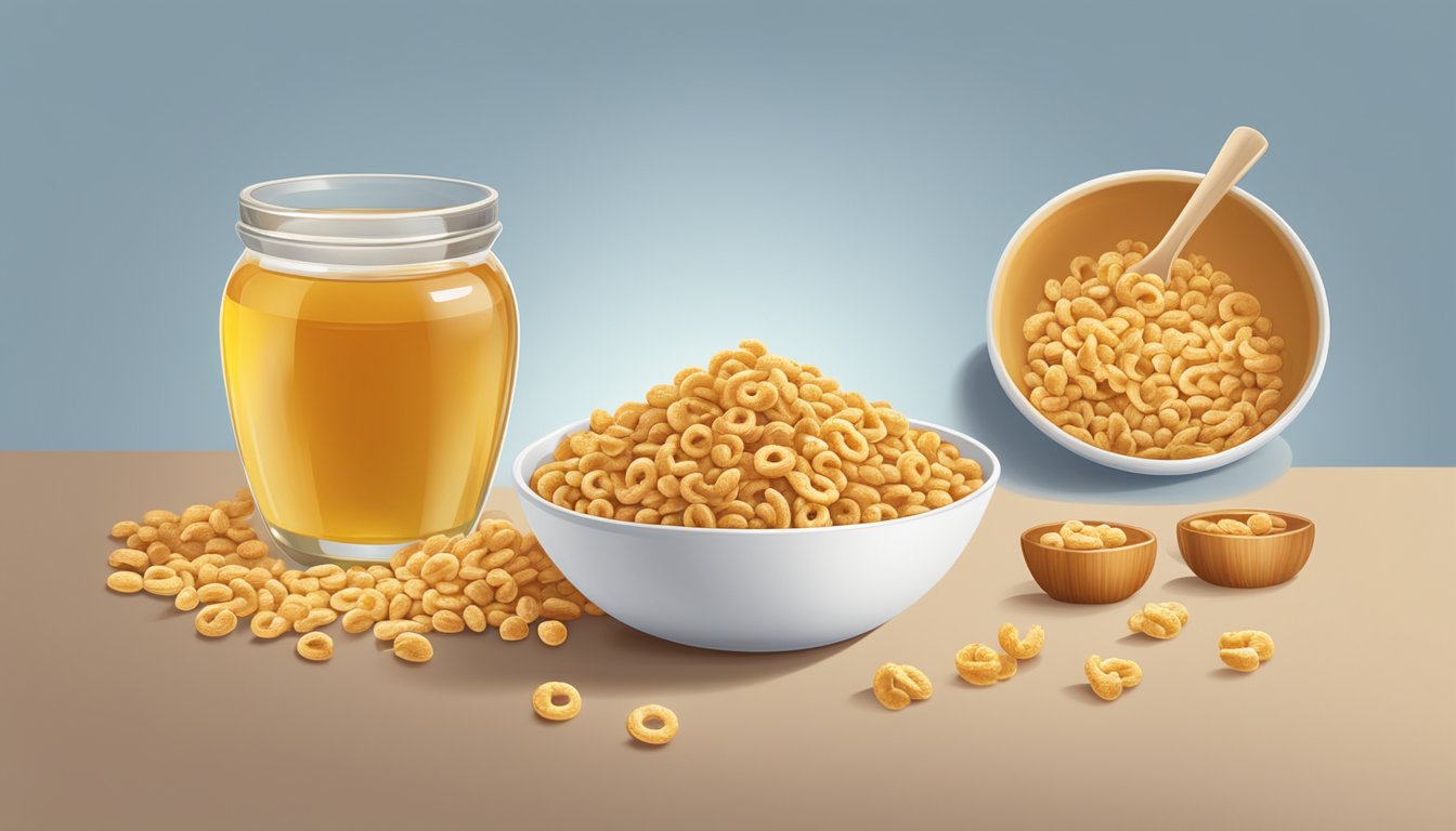 A bowl of Honey Nut Cheerios next to a bowl of Honey Smacks, surrounded by scattered oats and honey droplets