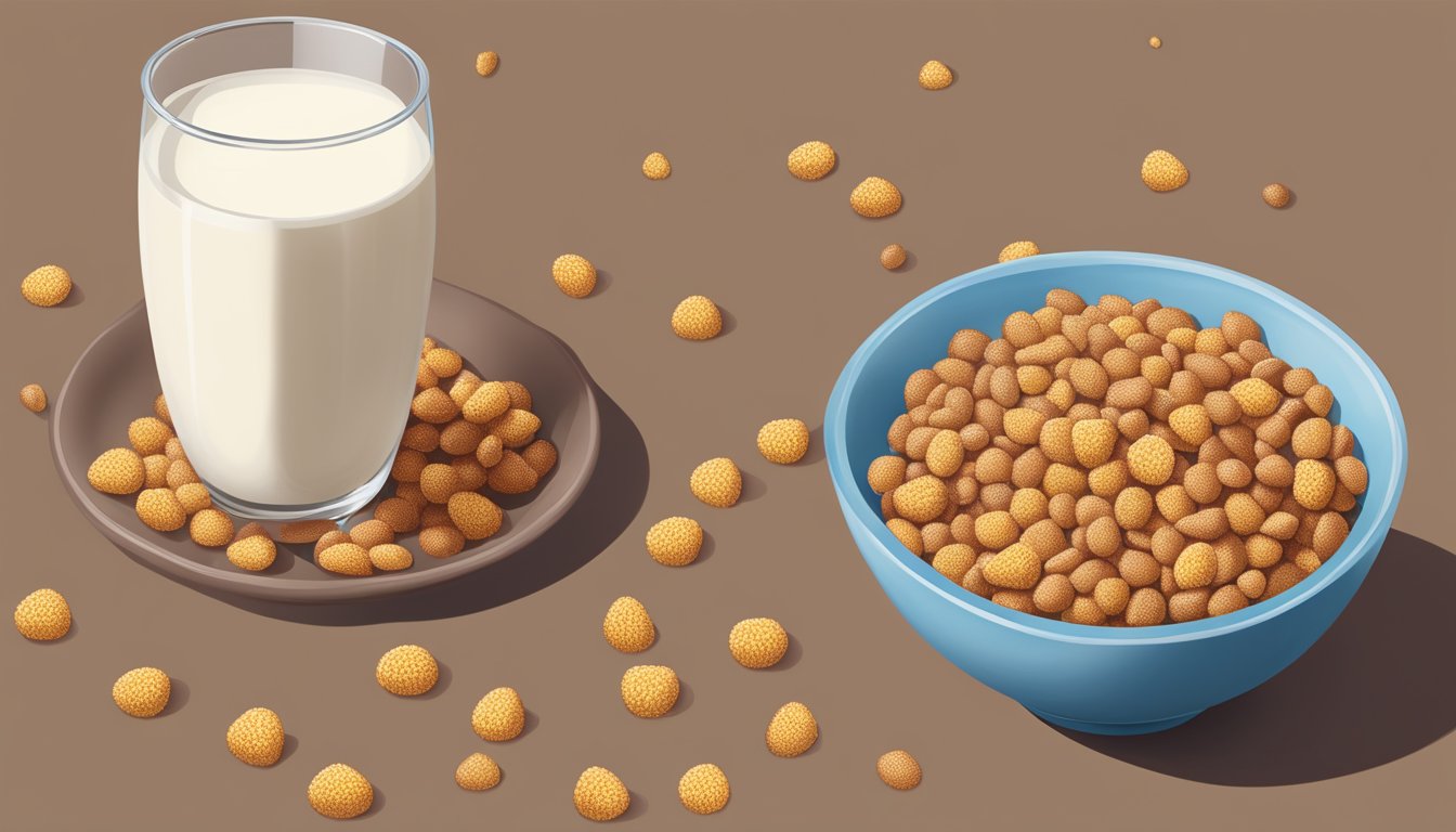 A bowl of cocoa pebbles and corn pops side by side, with a glass of milk. The cocoa pebbles appear darker and more textured, while the corn pops are lighter and smoother