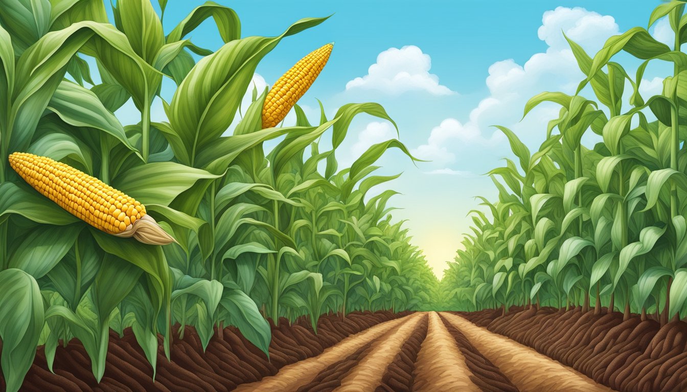 A lush cocoa bean plant and a vibrant corn field side by side, surrounded by clear blue skies and healthy soil