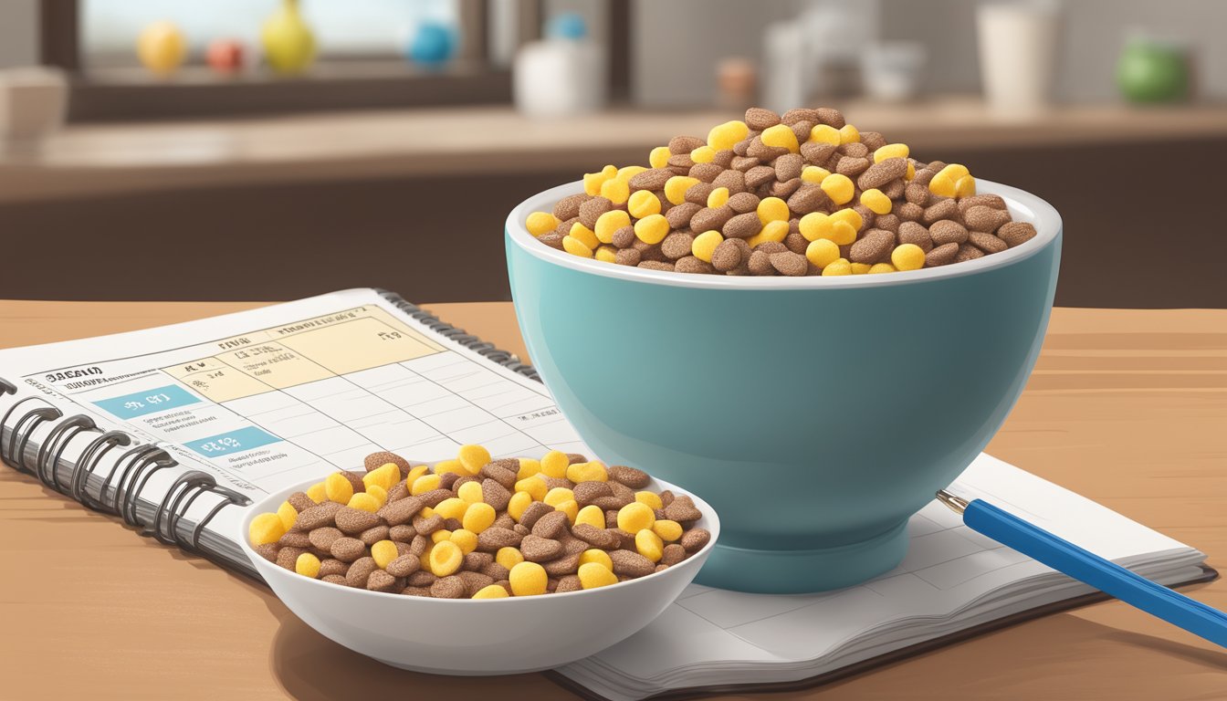 A bowl of cocoa pebbles and corn pops next to a glass of milk, with a measuring tape and nutritional information in the background