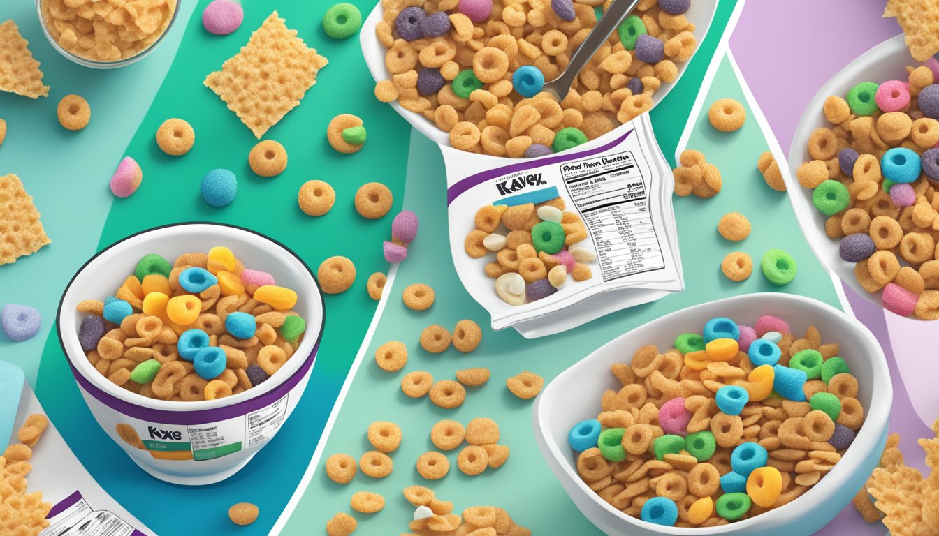 A bowl of Krave cereal next to a bowl of Trix cereal, with nutrition labels and ingredients visible