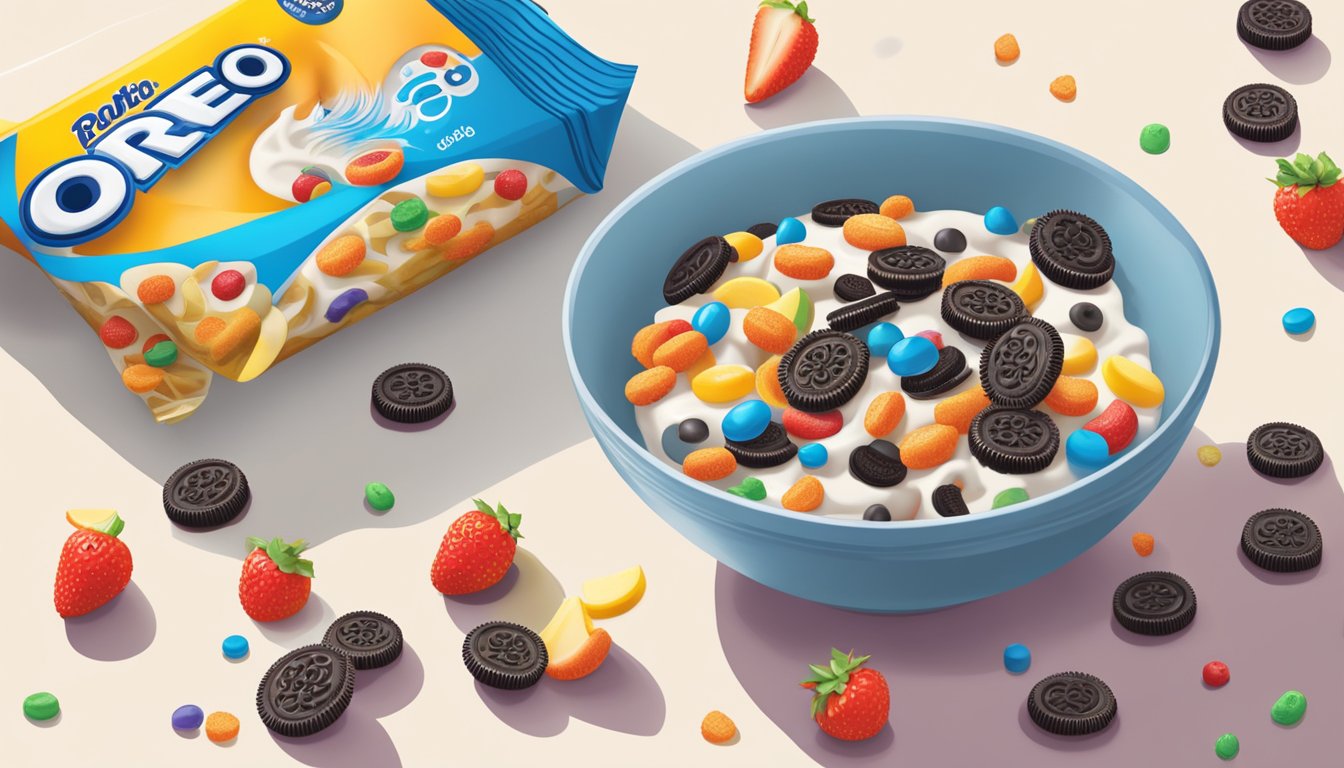 A bowl of Kaboom cereal next to a bowl of Oreo O's, surrounded by various fruits and a glass of milk