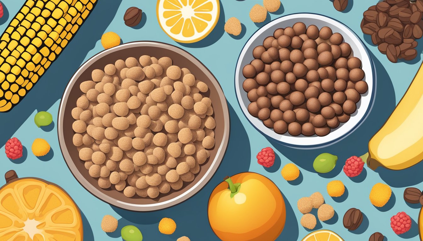 A bowl of cocoa pebbles and corn pops surrounded by fruits and a nutrition guide