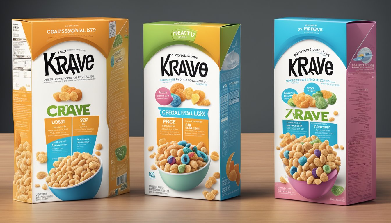 A comparison of Krave and Trix cereal boxes with nutritional labels and ingredient lists