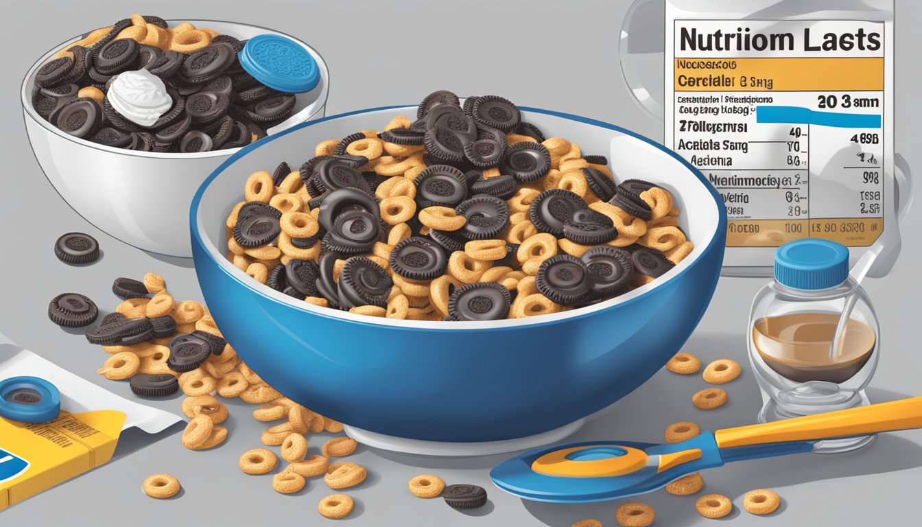 A bowl of Kaboom and Oreo O's cereal next to a nutrition label and ingredients list, with a magnifying glass analyzing the contents