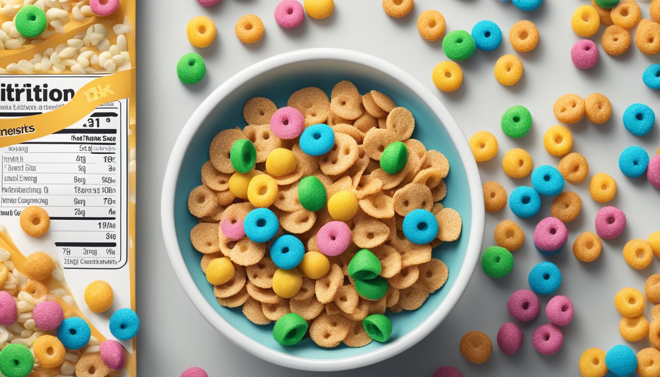 A bowl of Krave cereal and a bowl of Trix cereal sit side by side, surrounded by nutritional information labels and a measuring tape