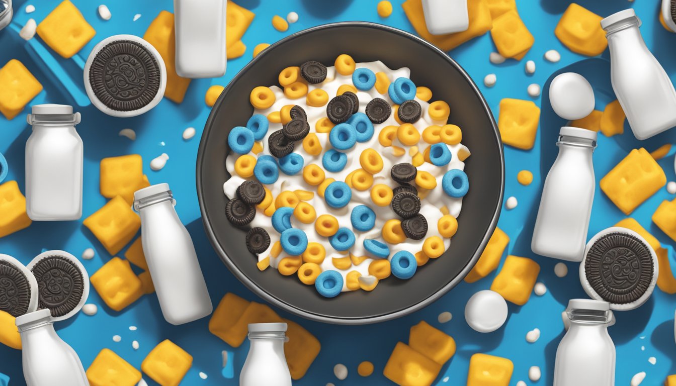 A bowl of Kaboom and Oreo O's cereal side by side, surrounded by milk cartons and a measuring tape